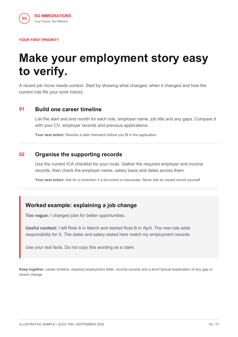 Sample A4 report page showing an employment evidence checklist and a worked example